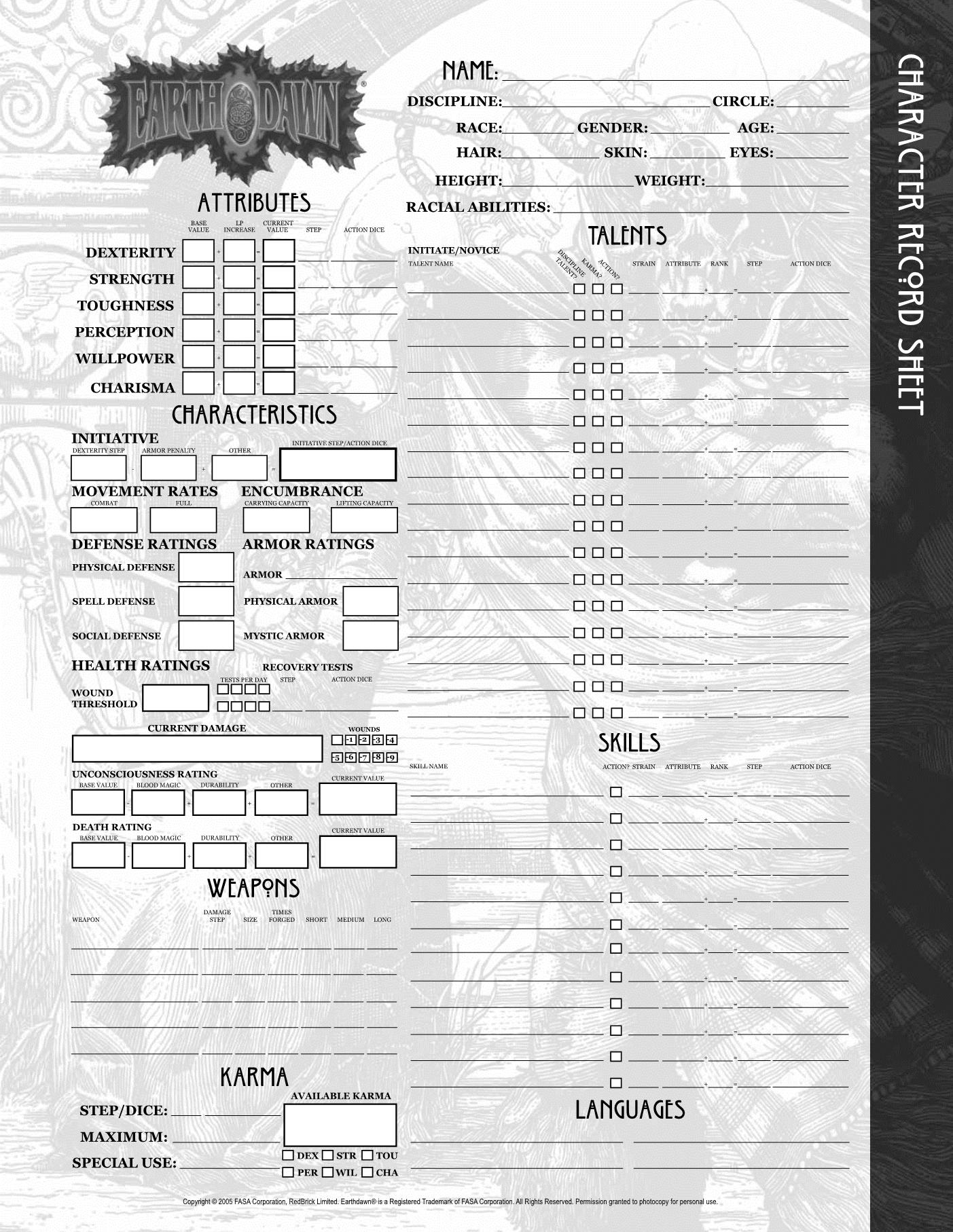 earthdawn 2nd edition character sheet.